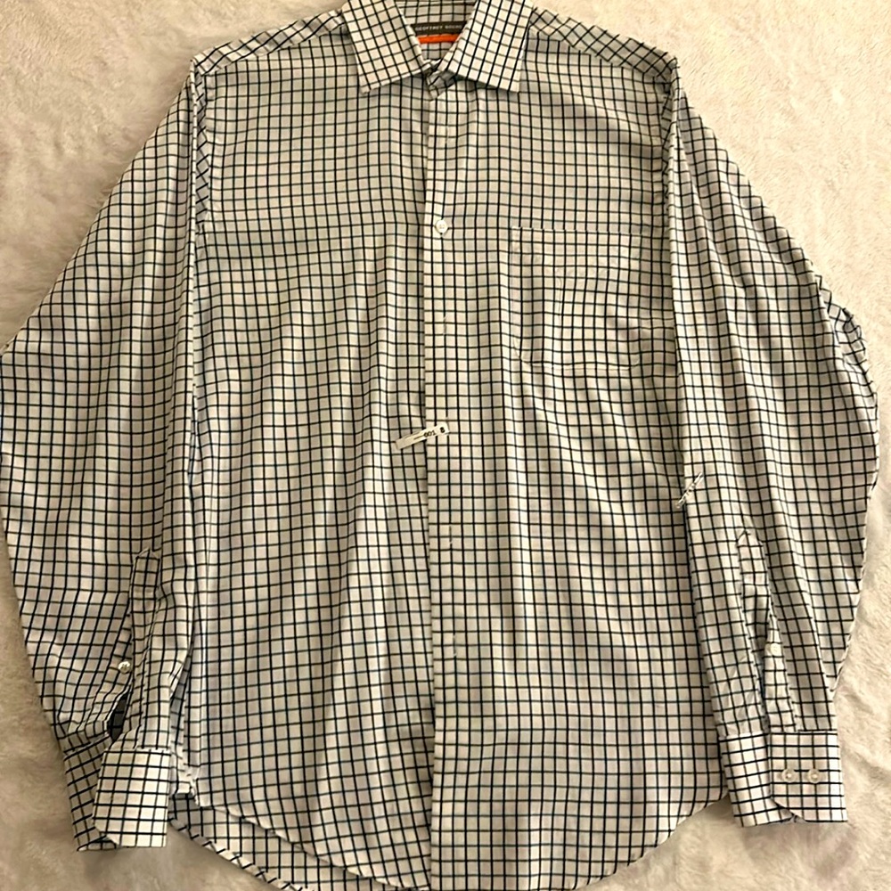 Button down dress shirt. Geoffrey Beene brand.  White w/ blue and black lines